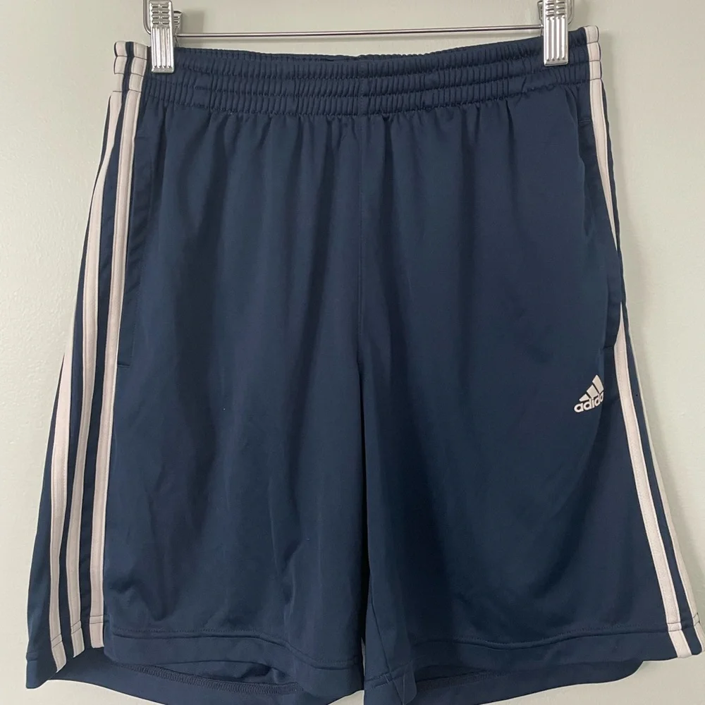 Adidas Men's Navy Blue Athletic Shorts with White Stripes Size S